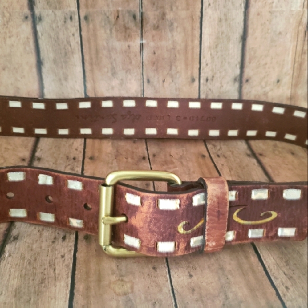 OLGA SANTINI brown leather Western gold WHIPSTITCH handpainted BELT M 32 NEW $89